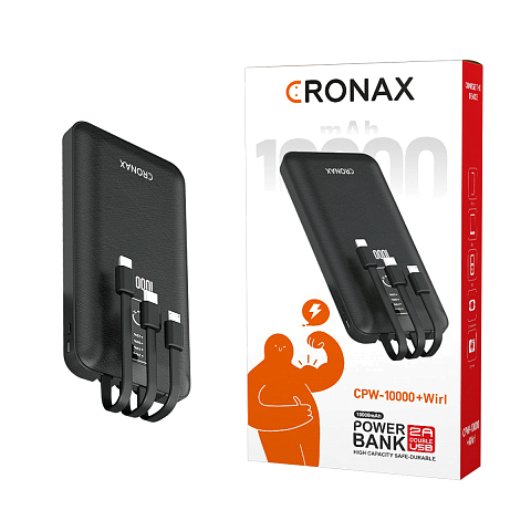Аккумулятор внешний Power Bank CRONAX CPW-10000+Wirl - 10 000 mAh с подставкой для телефона. 4 встроенных кабеля : USB, microUSB, Type-C, Lightning