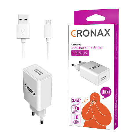 Сетевое з/у CRONAX Premium CR-150m (2.4A - 1 USB) с кабелем в комплекте