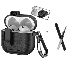 Бокс для наушников AirPods 4  пластик + экокожа с замком и карабином + щетка К-16