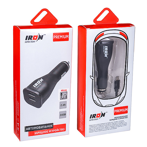 Автомобильное з/у IRON Selection Premium PM-250mz (2.4A - 2 USB) с кабелем в комплекте закруч.провод