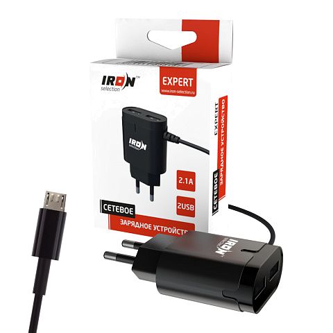 Сетевое з/у IRON Selection Expert EX-202m (2.1A - 2 USB) с встроенным кабелем