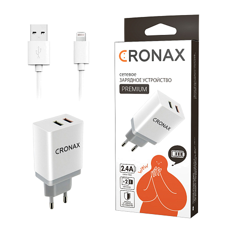 Сетевое з/у CRONAX Premium CR-160i (2.4A - 2 USB) с кабелем в комплекте