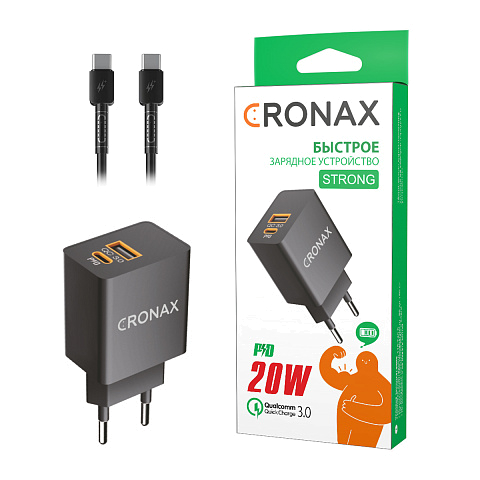 Сетевое з/у CRONAX Strong PD-U1t (PD20W-3А - 1xUSB-C + 1xUSB-A) с кабелем в комплекте QC3.0