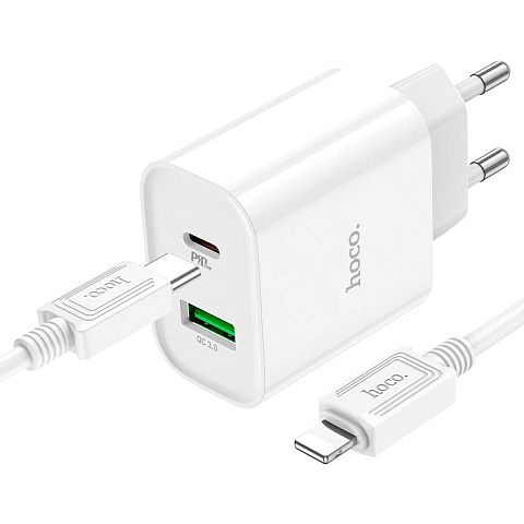 Сетевое з/у hoco C80Ai Plus Rapido (PD20W-3А - USB + USB Type-C) с кабелем в комплекте QC3.0
