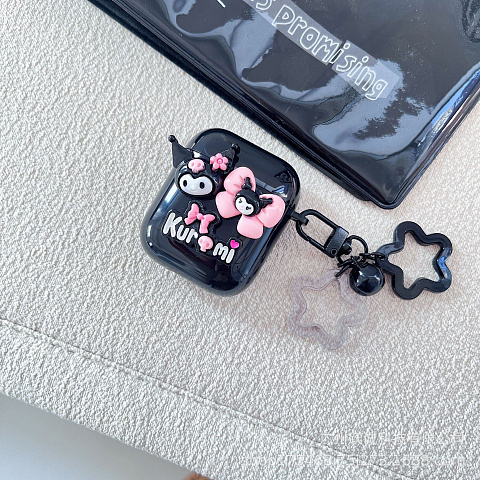 Бокс для наушников AirPods 1/2 силиконовый глянцевый с брелком "Kuromi"