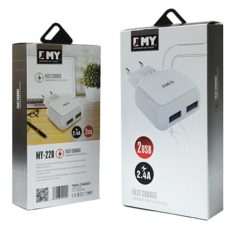 Сетевое з/у EMY MY-220m (2.4A - 2 USB) с кабелем в комплекте