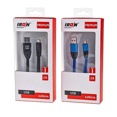 Кабель USB IRON Selection Premium ZT-06m (2A - 1 м.) текстильный плоский плетёный