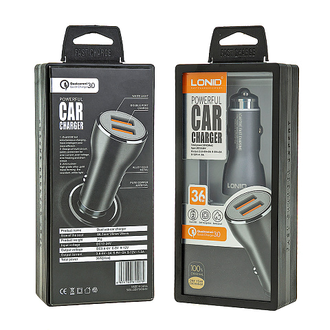 Автомобильное з/у (3.6A Fast Charge - 2 USB) адаптер LONID LS-3 металлический