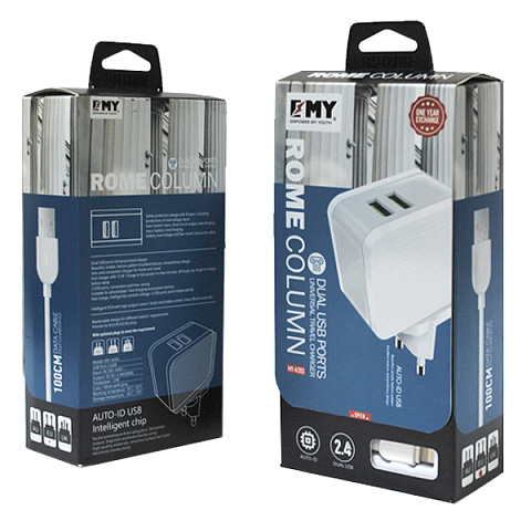 Сетевое з/у EMY MY-A203m (2.4A Fast Charge - 2 USB) с кабелем в комплекте