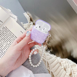 Бокс для наушников AirPods 1/2  силиконовый с брелком жемчужный №1