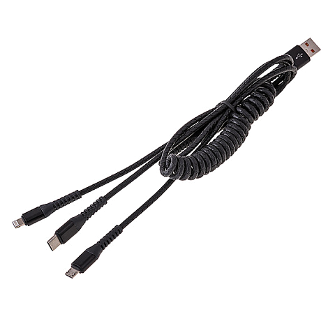 Кабель USB UR-09 (3А - 1 м.) резиновый под змею закрученный 3 в 1