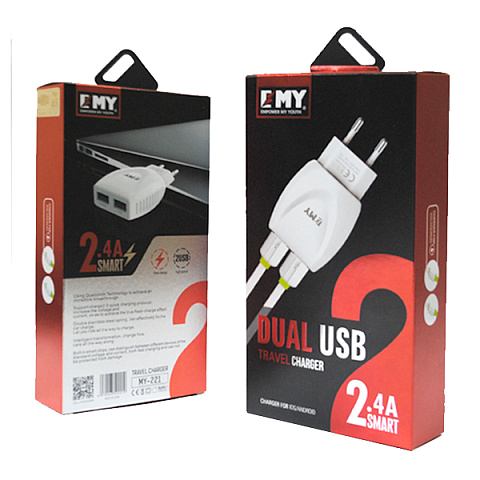 Сетевое з/у EMY MY-221i (2.4A Fast Charge - 2 USB) с кабелем в комплекте