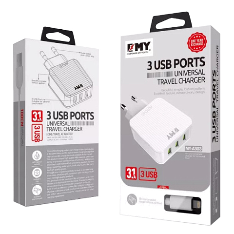 Сетевое з/у EMY MY-A303m (3.1A - 3 USB) с кабелем в комплекте *