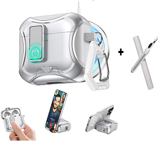 Бокс для наушников AirPods 4  пластиковый с замком и карабином + щетка К-17